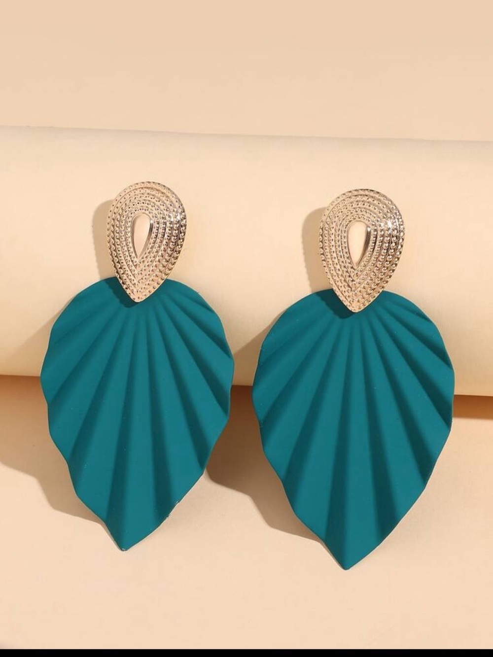 Teal Leaf Drop Earrings with Gold-Tone Accents